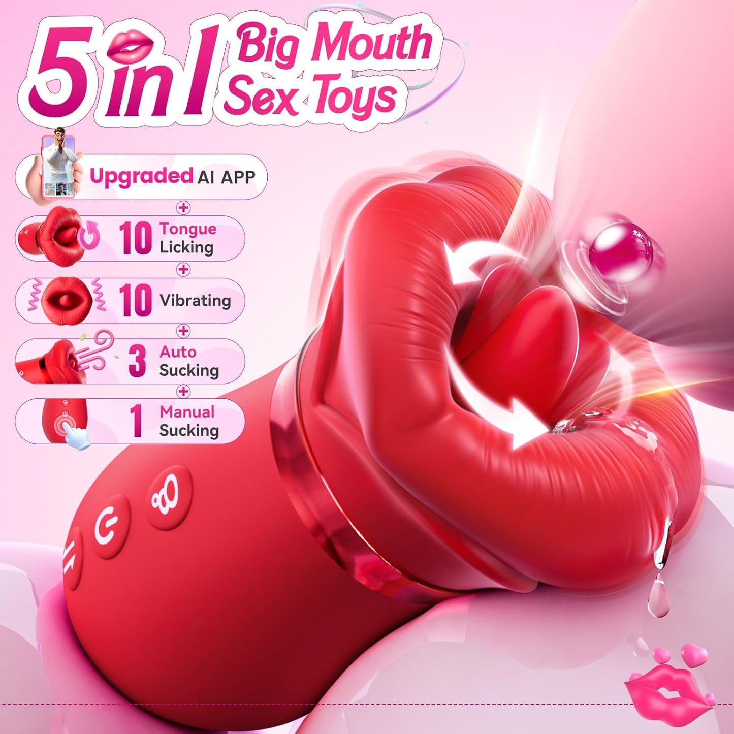 5IN1 Mouth Sucking Vibrator Rose Sex Toy, 10 Tongue Licking, 3 Auto & 1 Manual Sucking